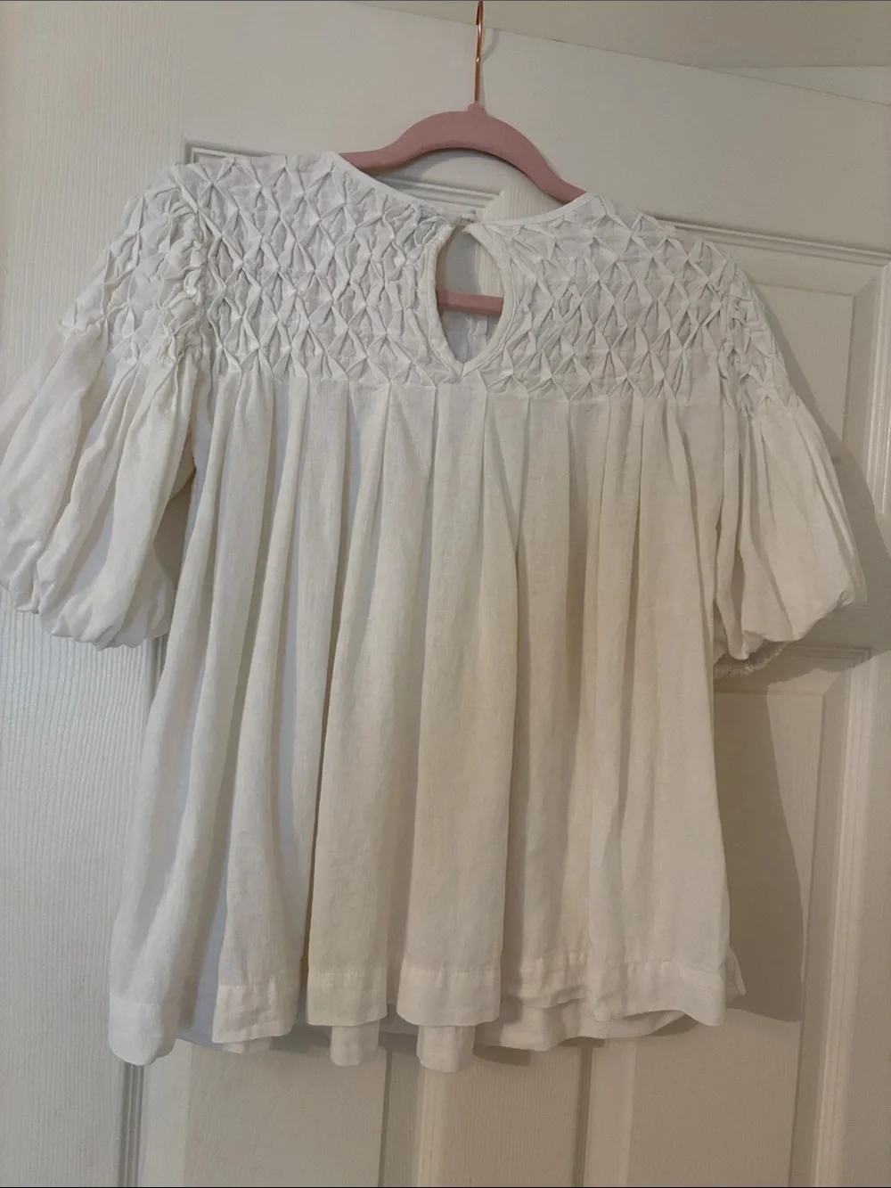 Anthropologie White Smocked Puff-Sleeve Blouse